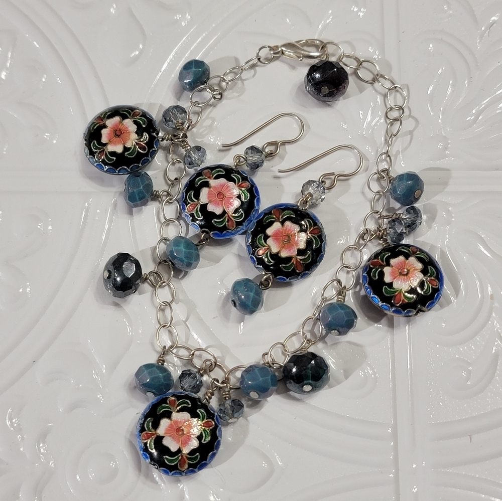 Cloisonne Flower Bracelet and Earring Matching Set Demi Parure